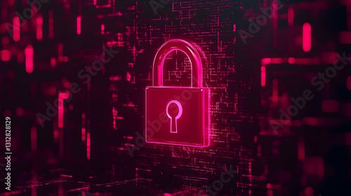Futuristic cybersecurity visualization, Lock icon amidst digital data streams in crimson hues