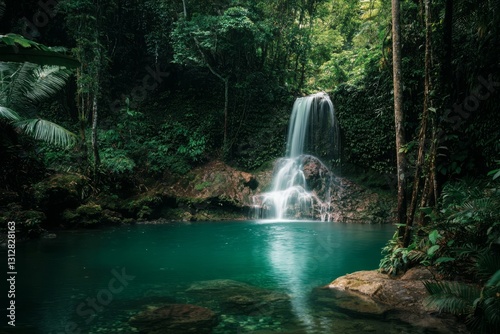Serene jungle landscape with a cascading waterfall.