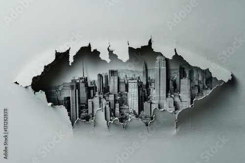 An urban cityscape reveals itself through a torn piece of paper