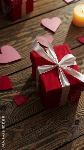 Romantic gift box with candlelight and heart decorations on wooden surface