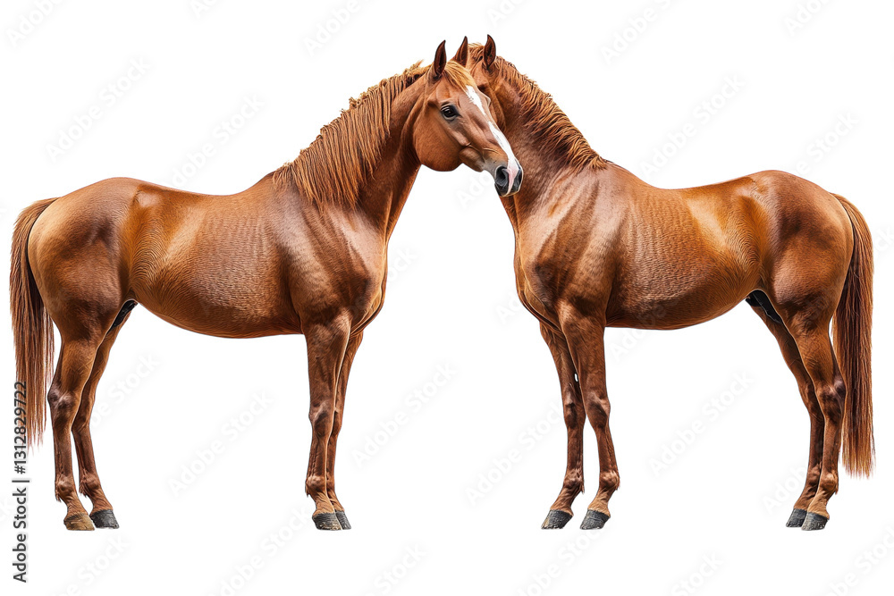 Fototapeta premium Two beautiful chestnut horses standing side by side in a bright setting showcasing their strong physiques and graceful postures