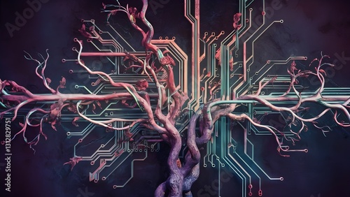 glowing digital tree with circuit branches in neon blue and pink light showing love in technology