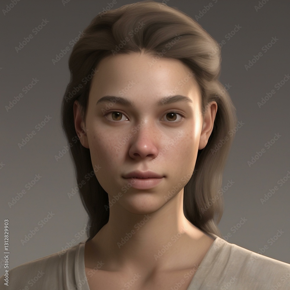 Fototapeta premium A highly detailed, hyper-realistic close-up portrait of an AI-generated human face. This digital artwork features lifelike skin textures, expressive eyes, and natural lighting.