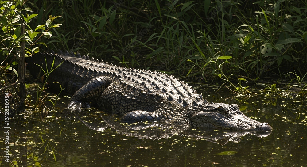 Alligator Resting Calmly in a Swampy Area Surrounded by Greenery Alligator Resting Calmly in a Swampy Area Surrounded by Greenery