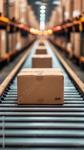 Cardboard boxes moving along conveyor belt inside distribution warehouse, processing shipping logistics
