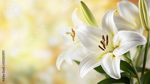 Close-up of elegant white lilies against a soft, blurred yellow background.