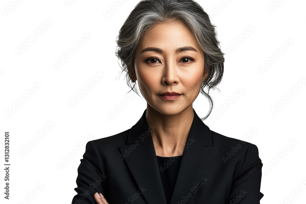Confident businesswoman with silver hair poses in a formal black suit against a plain white background Confident businesswoman with silver hair poses in a formal black suit against a plain white background