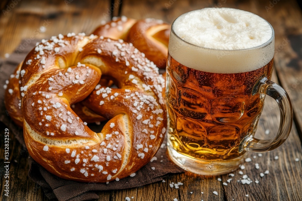 Beer Mug Overflowing with Foam and Bavarian Soft Pretzels on Wooden Table, Freshly Baked, Salty, Rustic Beer Mug Overflowing with Foam and Bavarian Soft Pretzels on Wooden Table, Freshly Baked, Salty, Rustic