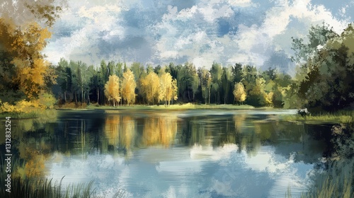 A digital painting depicting a serene forest lake surrounded by trees, with a tranquil reflection mirrored on the water's surface, capturing a peaceful natural landscape. photo