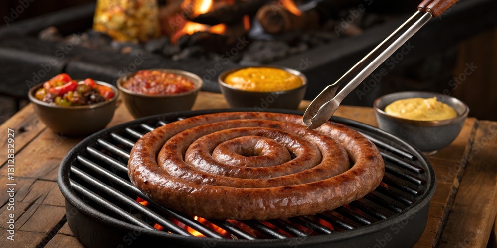Grilled sausage on a charcoal grill surrounded by various dipping sauces at a backyard barbecue