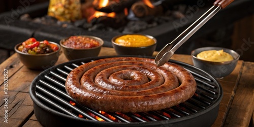 Obraz na płótnie Grilled sausage on a charcoal grill surrounded by various dipping sauces at a backyard barbecue w salonie