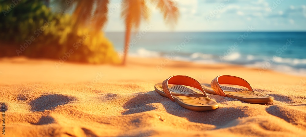 Stylish flip-flops on a sandy surface with a tropical backdrop and ample copy space Stylish flip-flops on a sandy surface with a tropical backdrop and ample copy space