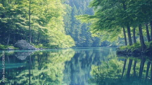 A digital painting depicting a serene forest lake surrounded by trees, with a tranquil reflection mirrored on the water's surface, capturing a peaceful natural landscape.