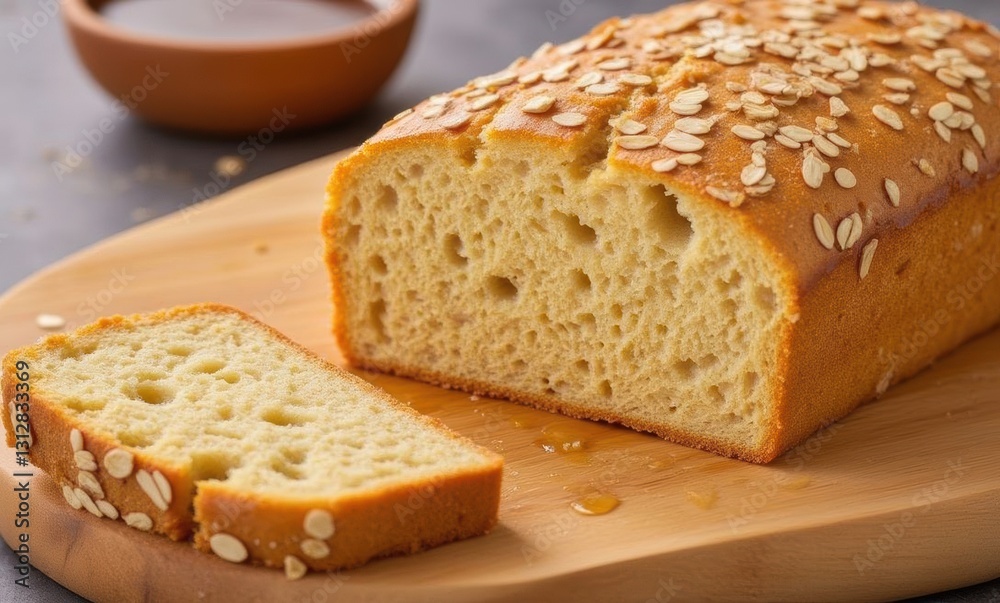 Freshly baked oat loaf on wooden board Freshly baked oat loaf on wooden board