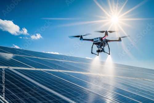 Drone Cleaning Solar Panels Under Blue Sky With Sun Burst