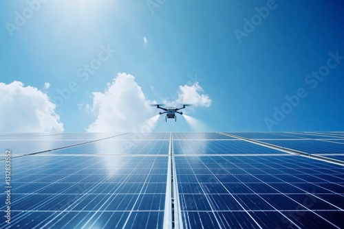 Drone Cleans Solar Panels With Spray On Sunny Sky Background