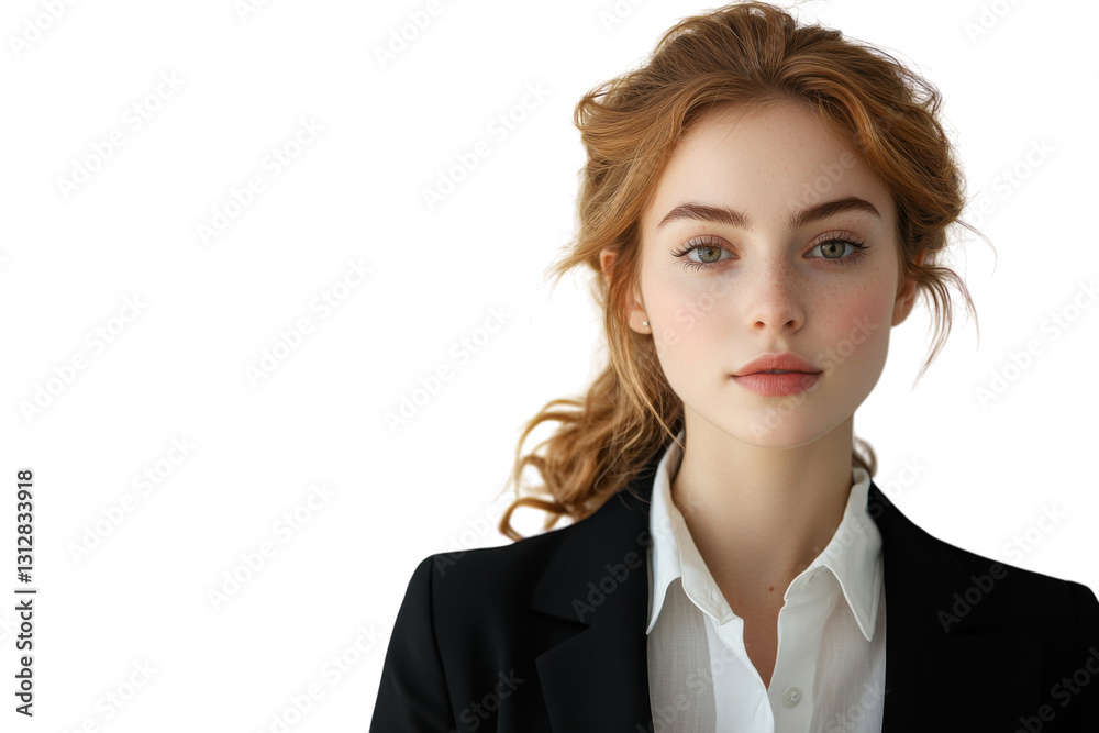 Young woman in a business suit poses confidently with soft lighting against a white background Young woman in a business suit poses confidently with soft lighting against a white background