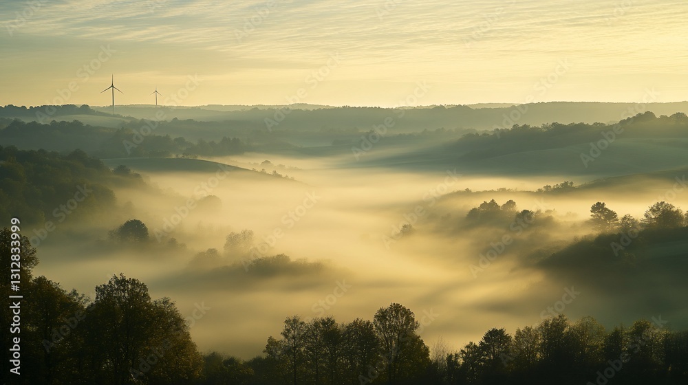 Misty valley sunrise with wind turbines in the distance. Misty valley sunrise with wind turbines in the distance.