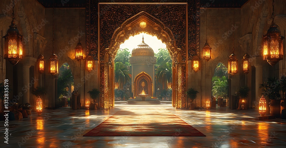 Obraz premium Grand Archway Leading to an Illuminated Courtyard with Lanterns