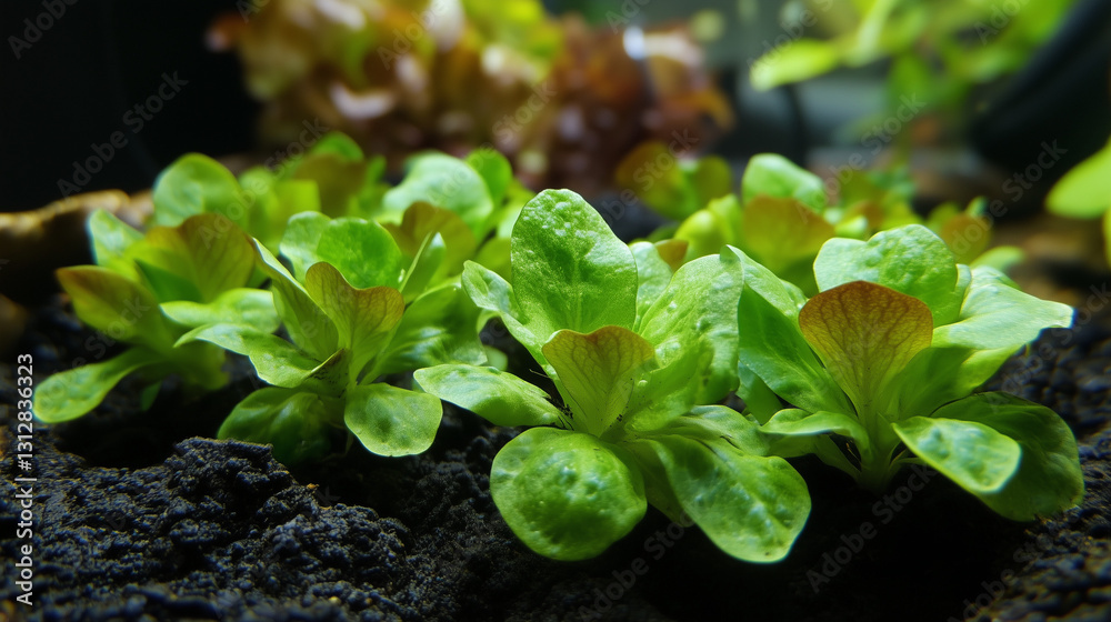 Small green salad plants thriving in dark soil, basking under the glow of artificial light, showcasing vibrant growth and freshness