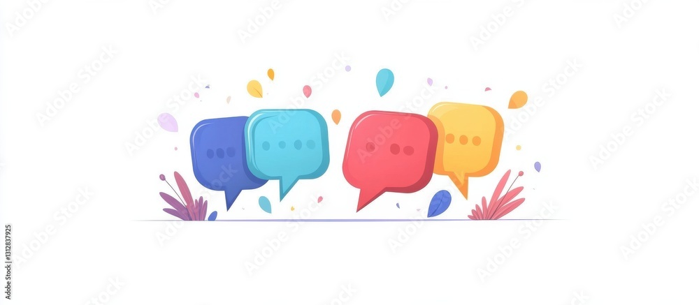 Colorful speech bubbles with foliage displayed in artistic illustration Colorful speech bubbles with foliage displayed in artistic illustration