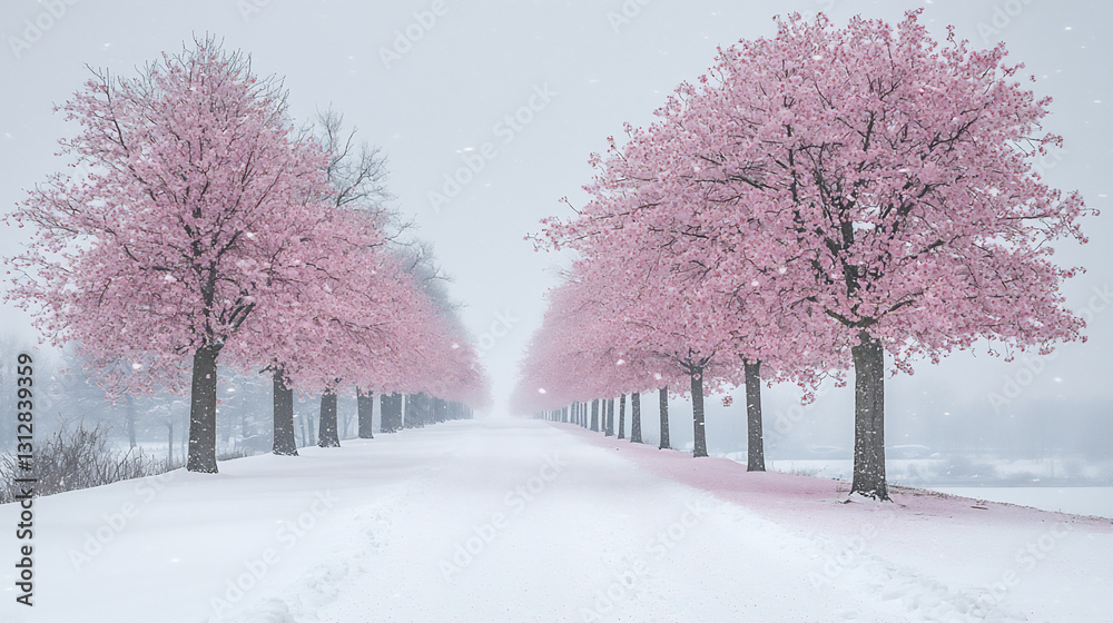 Obraz premium snowy path with cherry blossom trees