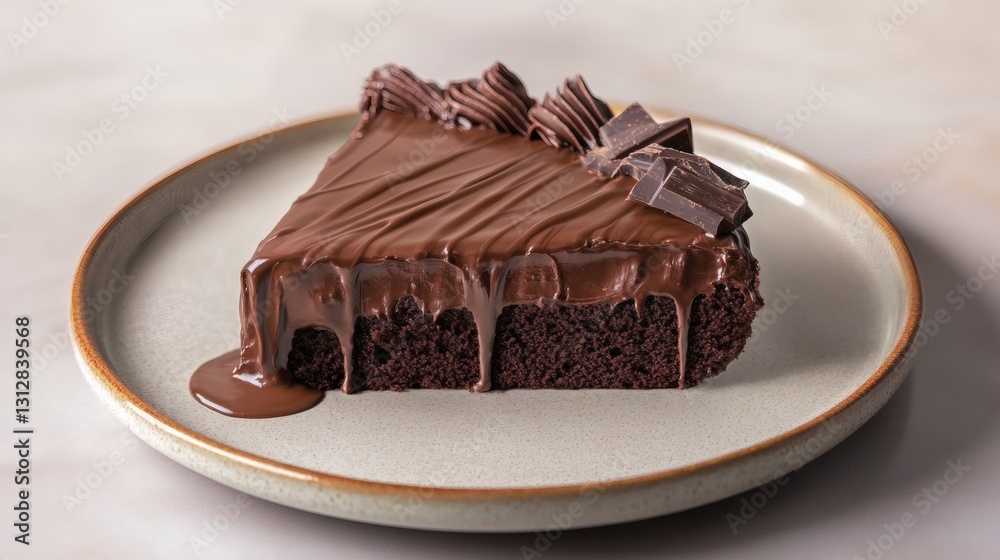 Rich Chocolate Cake Slice with Dripping Fudge on Ceramic Plate Rich Chocolate Cake Slice with Dripping Fudge on Ceramic Plate
