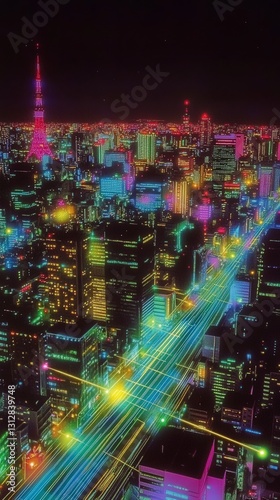 Illuminated urban night scene with bright neon pathways.