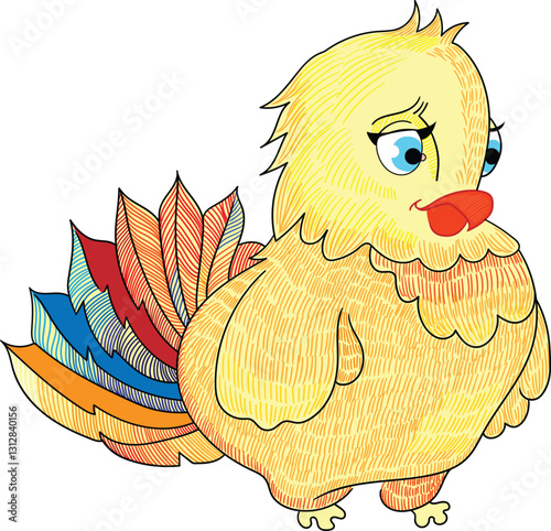 An illustration of a cute fairy-tale bird with fluffy yellow plumage and a colorful tail. The chicken has big blue eyes and an expressive face with a kind, slightly thoughtful expression.