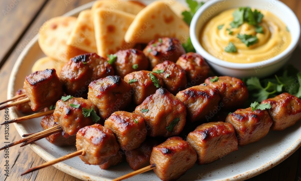 Delicious grilled kebabs with sides Delicious grilled kebabs with sides
