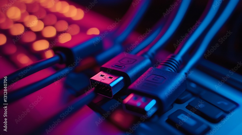 Close-up of HDMI and USB cables on a keyboard with vibrant pink and blue lighting. Close-up of HDMI and USB cables on a keyboard with vibrant pink and blue lighting.