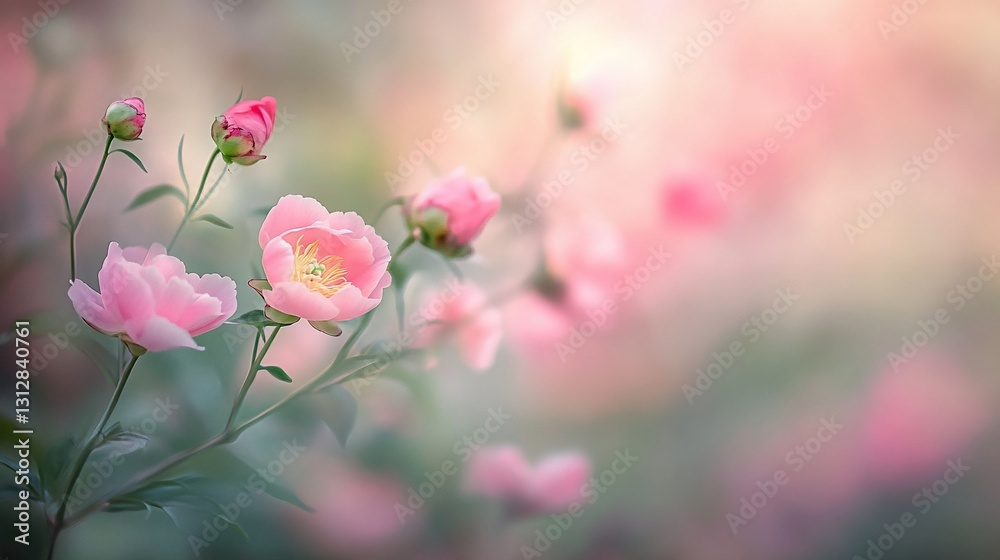 Soft focus image of pink peonies blooming in a garden. Soft focus image of pink peonies blooming in a garden.