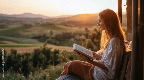 Woman reads book outdoors at sunset, enjoying scenic view.