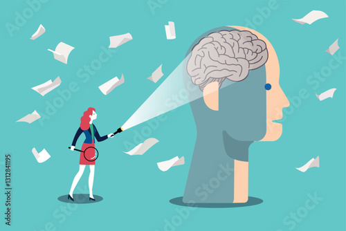 Psychologist woman holding flashlight and magnifying glass exploring human mind, symbolizing exploration of mental health through psychotherapy.