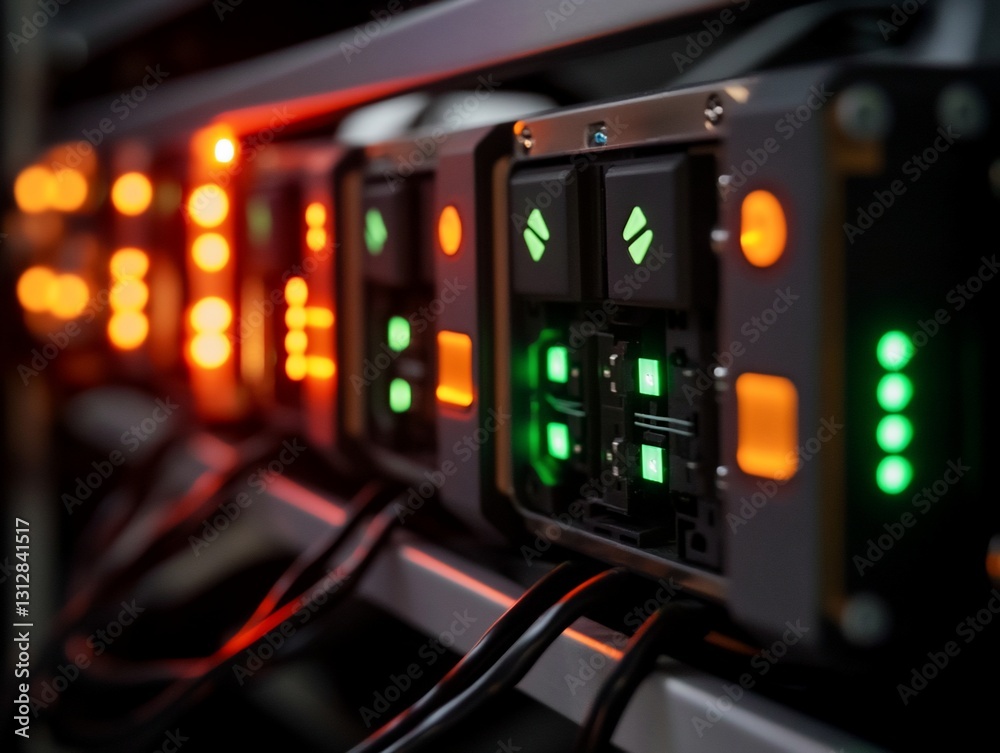 Naklejka premium Close-up of server rack with illuminated components and cables.