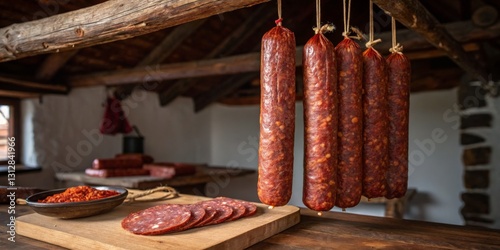 Traditional meat curing process in a rustic setting showcasing hanging sausages and spicy seasoning