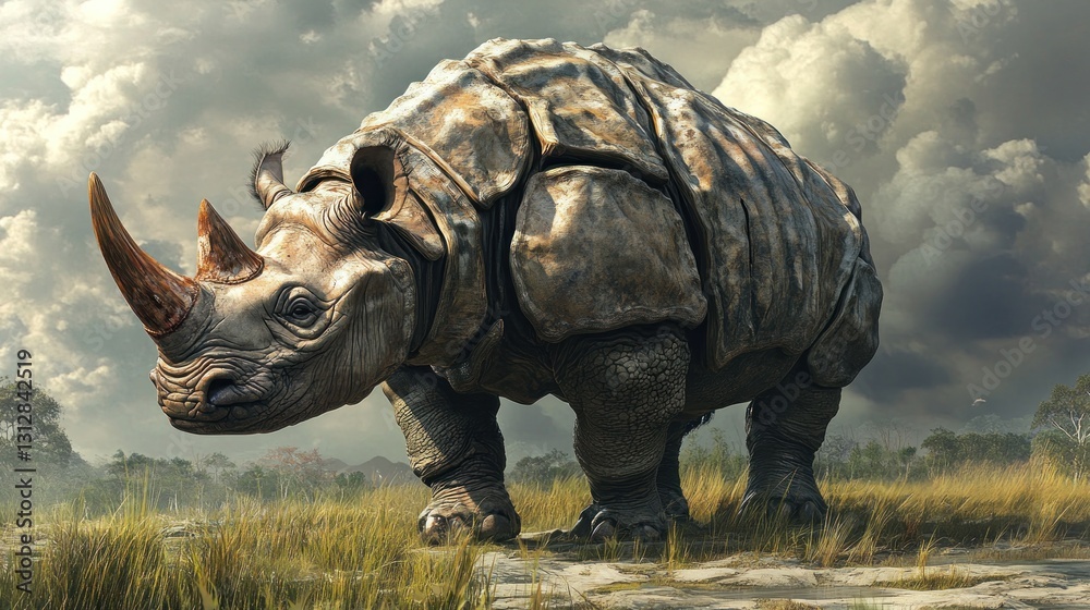 Fototapeta premium Prehistoric Rhinoceros in a Stormy Savanna