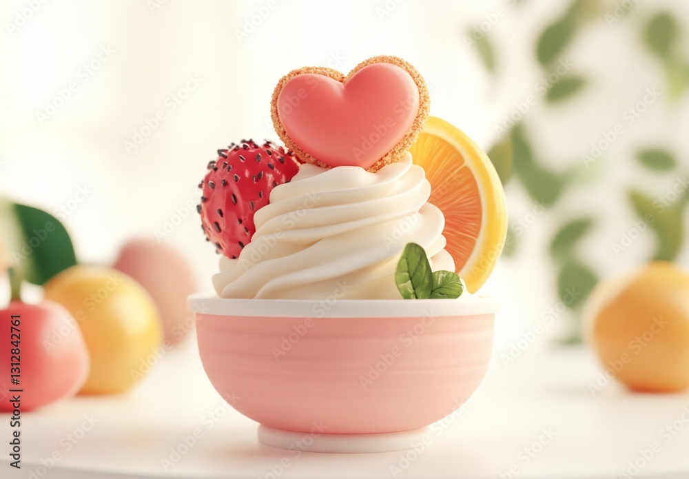 Pink bowl of whipped cream dessert with heart cookie, strawberry, orange, and mint. Pink bowl of whipped cream dessert with heart cookie, strawberry, orange, and mint.
