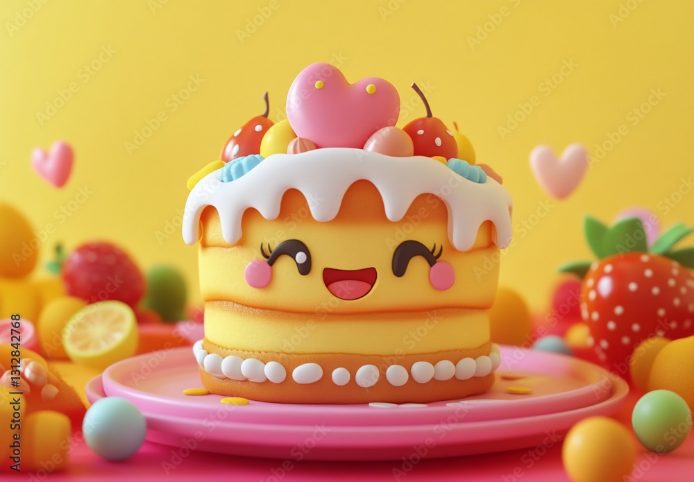Cute cartoon cake with fruit and hearts. Cute cartoon cake with fruit and hearts.