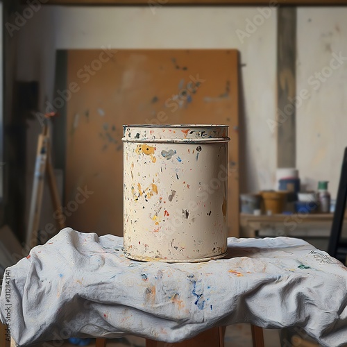 Empty paint can with dried splatters on the edges, resting on a drop cloth in an artistÃ¢â‚¬â„¢s studio, ultra-detailed, photorealistic and textured