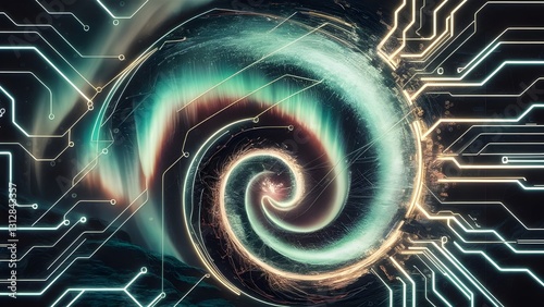 futuristic circuit board with glowing spiral energy wave in cyberpunk style