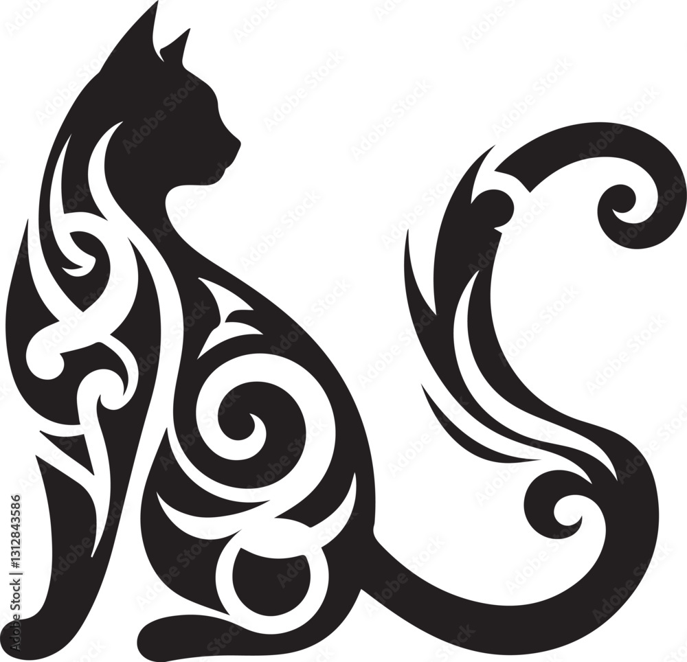 Obraz premium Bold Tribal Cat Head Vector Logo in Black and White
