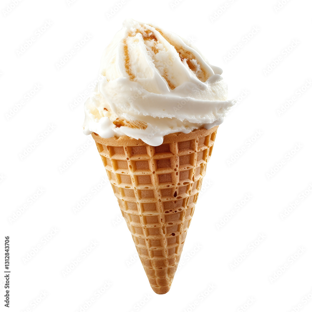 A closeup view of an empty waffle cone topped with creamy vanilla ice cream against a bright background, different angle of empty waffle ice cream cone isolated on transparent background A closeup view of an empty waffle cone topped with creamy vanilla ice cream against a bright background, different angle of empty waffle ice cream cone isolated on transparent background