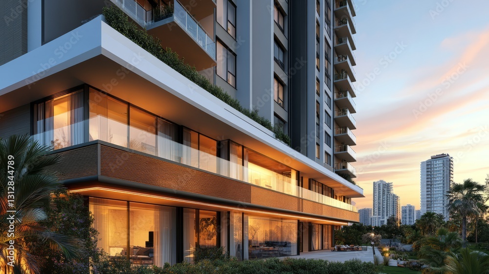 Modern high-rise residential building with a rooftop garden and panoramic city views Modern high-rise residential building with a rooftop garden and panoramic city views