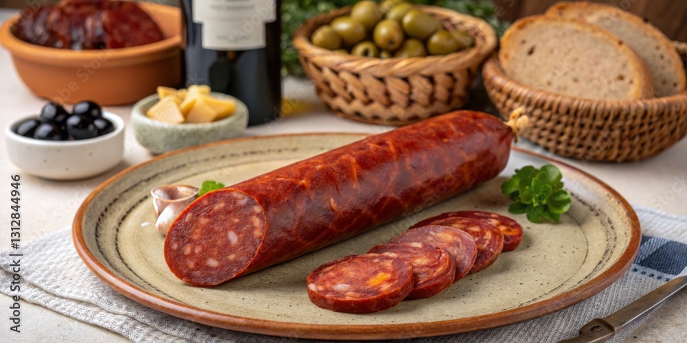 Sliced chorizo on a plate with olives, bread, and cheese in a rustic setting during a cozy gathering