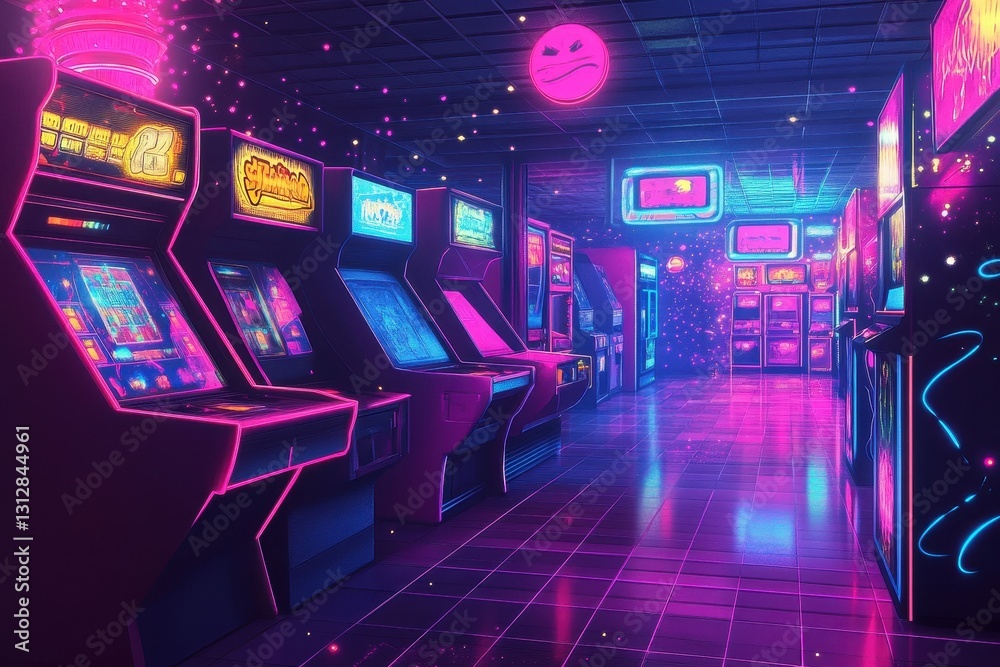 A vibrant retro futuristic arcade glows with colorful neon lights A vibrant retro futuristic arcade glows with colorful neon lights