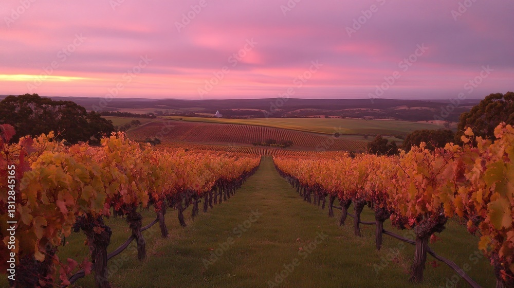 Fototapeta premium Autumn vineyard vista at sunset