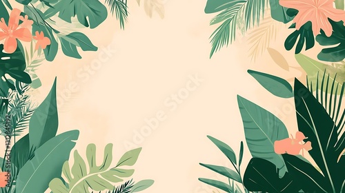 Tropical leaves and flowers frame a pale background, creating a vibrant, nature-inspired design