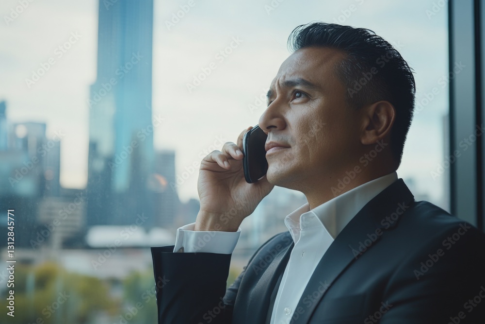 Business professional in a suit talking on the phone with a city skyline backdrop during daylight hours Business professional in a suit talking on the phone with a city skyline backdrop during daylight hours