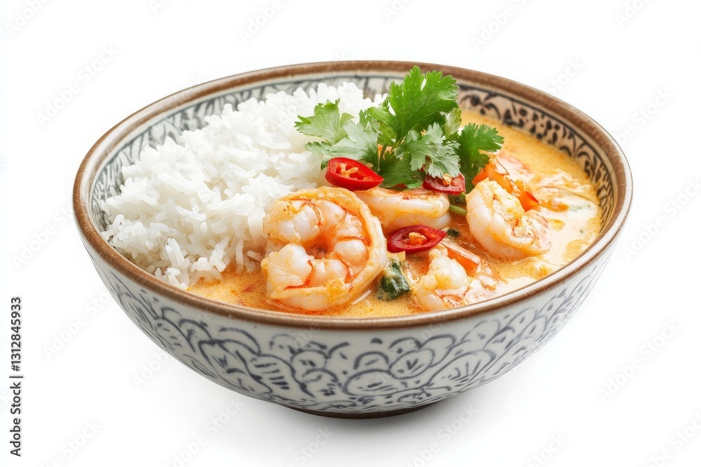 Aesthetic Presentation of a Bowl of Shrimp Curry Served with Fragrant Rice and Fresh Herbs for Culinary Display Aesthetic Presentation of a Bowl of Shrimp Curry Served with Fragrant Rice and Fresh Herbs for Culinary Display